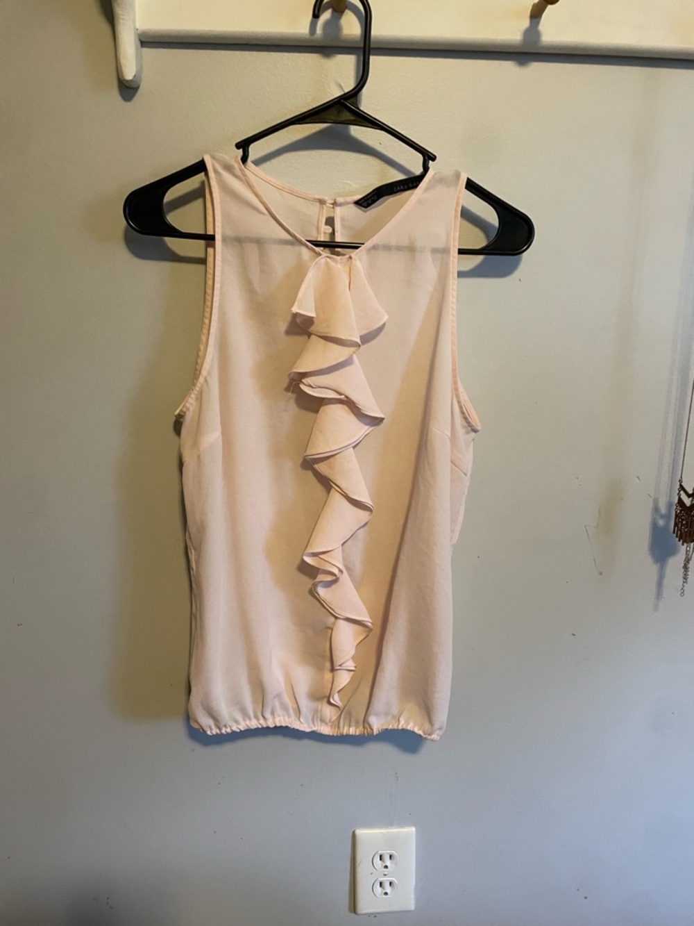 Zara Pale Pink Ruffle Front Sleeveless Top